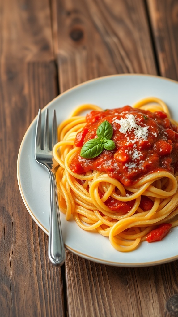 A plate of homemade noodles topped with tomato sauce and basil on a rustic table.